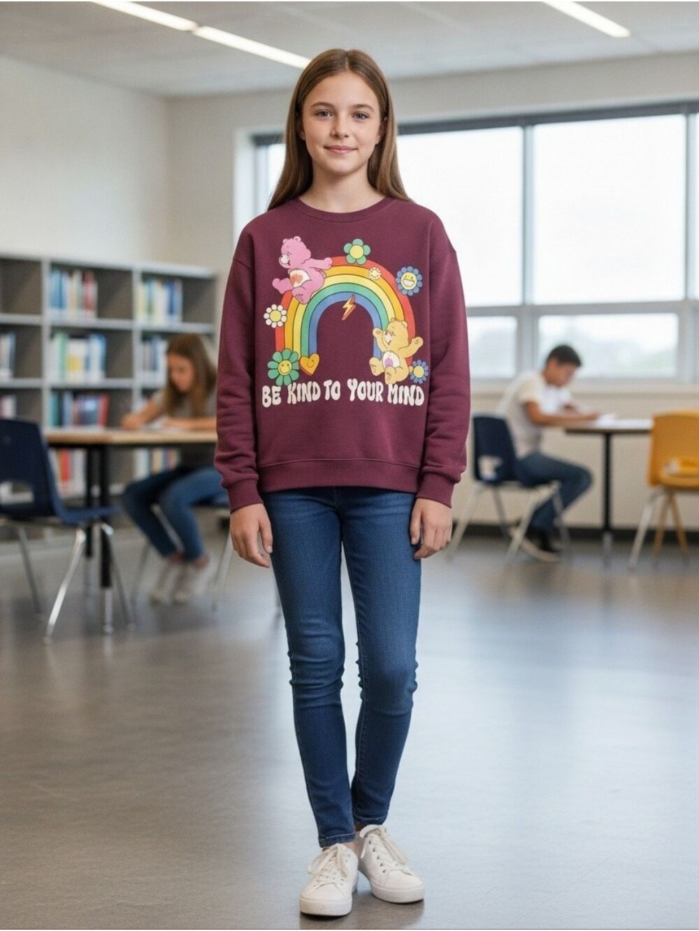Care Bears Maroon Sweatshirt Be Kind To Your Mind Rainbow Graphic Girls XL